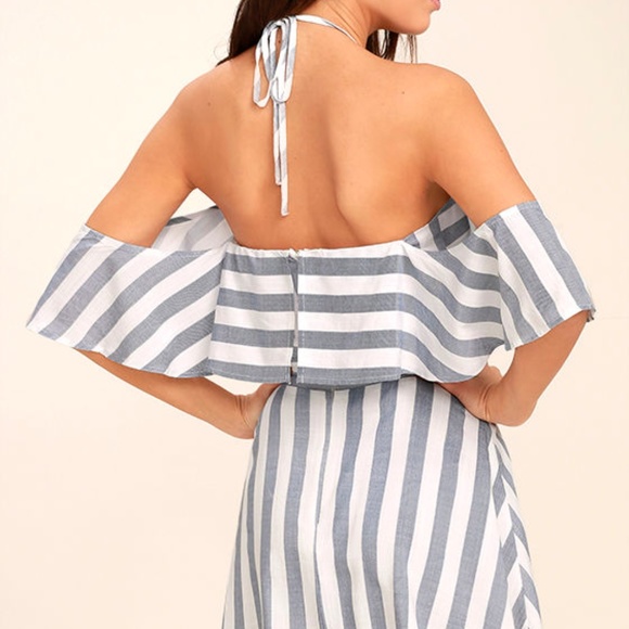 **CLOSET CLEAR OUT** BLUE AND WHITE STRIPED OFF-THE-SHOULDER DRESS - Picture 3 of 5